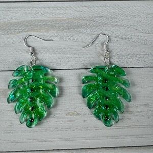 Monstera Leaf Earrings Green Handmade Glitter‎ Shimmer Rhinestones